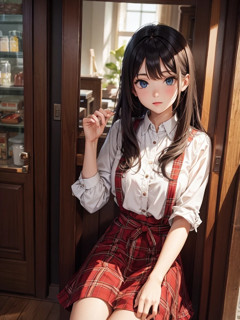 Beautiful illustration、top-quality、超A high resolution、Professional、8K、Cute little girl s、a junior high school student、Open your mouth wide、stick out your chin、full body Esbian、Put your hands on the desk、embarassed face、Slouched、a short skirt、feet up
