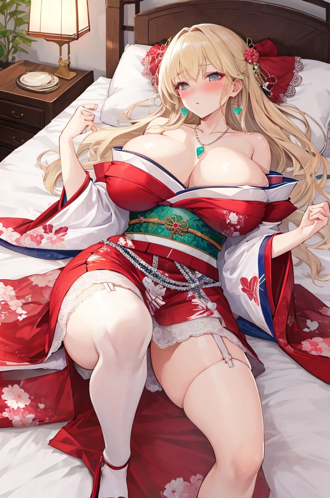 (A woman with big tits)，Attractive woman，Light blond long hair，clavicle，Gemstone Necklace，Off-shoulder，Japanese clothing，short dress，Lace，Garter stockings，Heart，Intricate details，Beautifully，Charm，Lying in bed，(blush)，