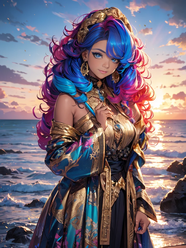 1 girl, (iridescent hair, colorful hair, half blue and half pink hair: 1.2), 17 years old, blue_sky, holding a magic wand, summer (season), petals_on_liquid, black cloak with hood, red and black torn dress, skirt: 1.2, (gold long curly hair: 1.5), sky, outdoor, clouds, bangs, smile, sky blue eyes, bare shoulders, perfect hands, Hand details, repaired fingers. Earrings, sea + background, looking_at_viewer, cowboy shot, top quality, rich detail, perfect image quality, sunrise