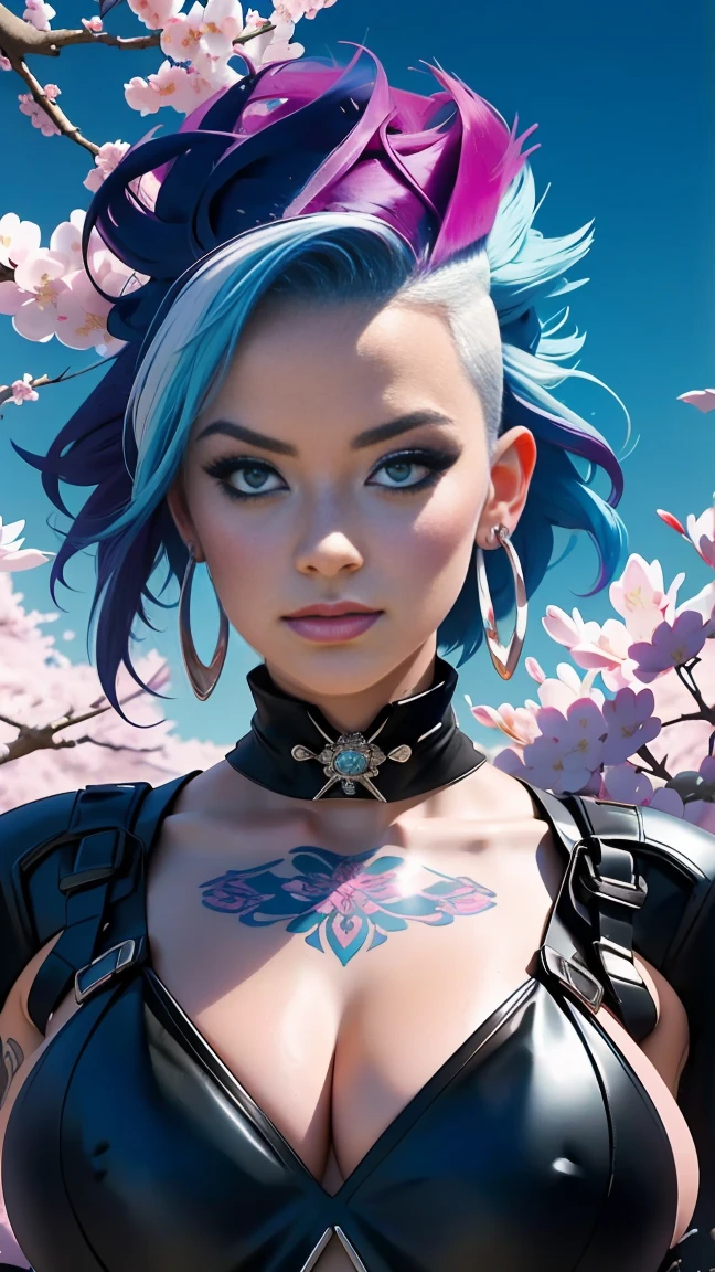(masterpiece, top quality, best quality, official art, beautiful, cosmic, atmospheric, psychedelic, dreamlike and aesthetic:1.2), (1girl, platinum white punk rock mohawk hair, tons of tattoos and piercings, accentuated super huge enormously gigantic tits, cleavage showing, full body portrait), extreme detailed,(fractal art:1.3),colorful,highest detailed, cherry blossoms and butterflies blowing in the wind 