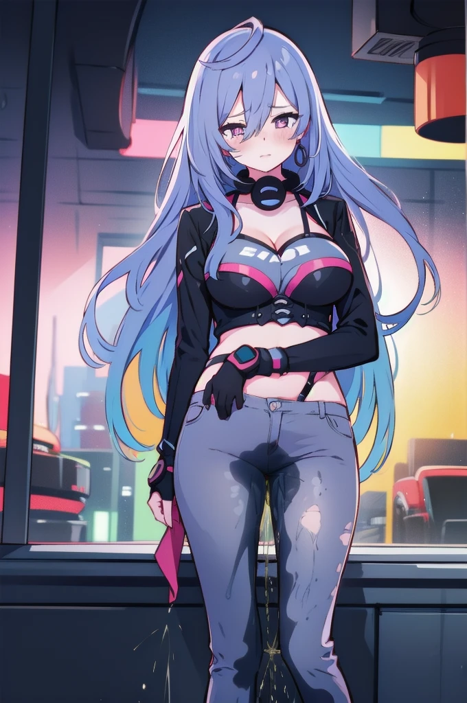 woman, irishrt, power symbol-shaped pupils, very long hair, large breasts, earrings, midriff, standing, dark gray pants, peeing self, (pee stain:1.5), best quality, ultra-detailed, HDR, studio lighting, professional, vivid colors, sharp focus, bokeh, landscape, cityscape, colorful city, neon lights, futuristic, science fiction, soft lighting, dynamic shadows, facing viewer, embarrassed, humiliation, blushing