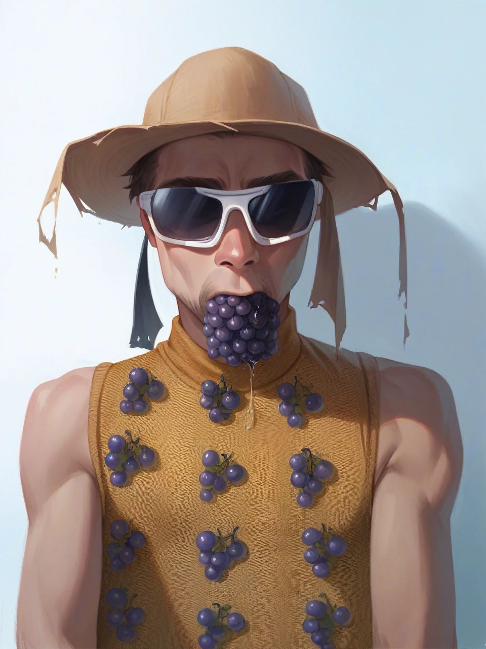Brown boy with a northeastern hat on his head and a bunch of grapes in his mouth