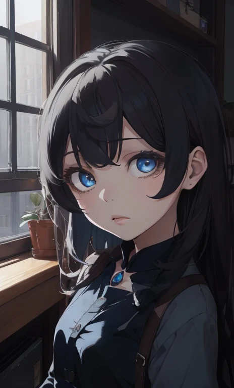 Masterpiece, best quality Special details, illustrations, very delicate and beautiful, cute, sexy, girl, anime 1, soft dark light, black hair, beautiful blue-gray eyes, looks elegant.