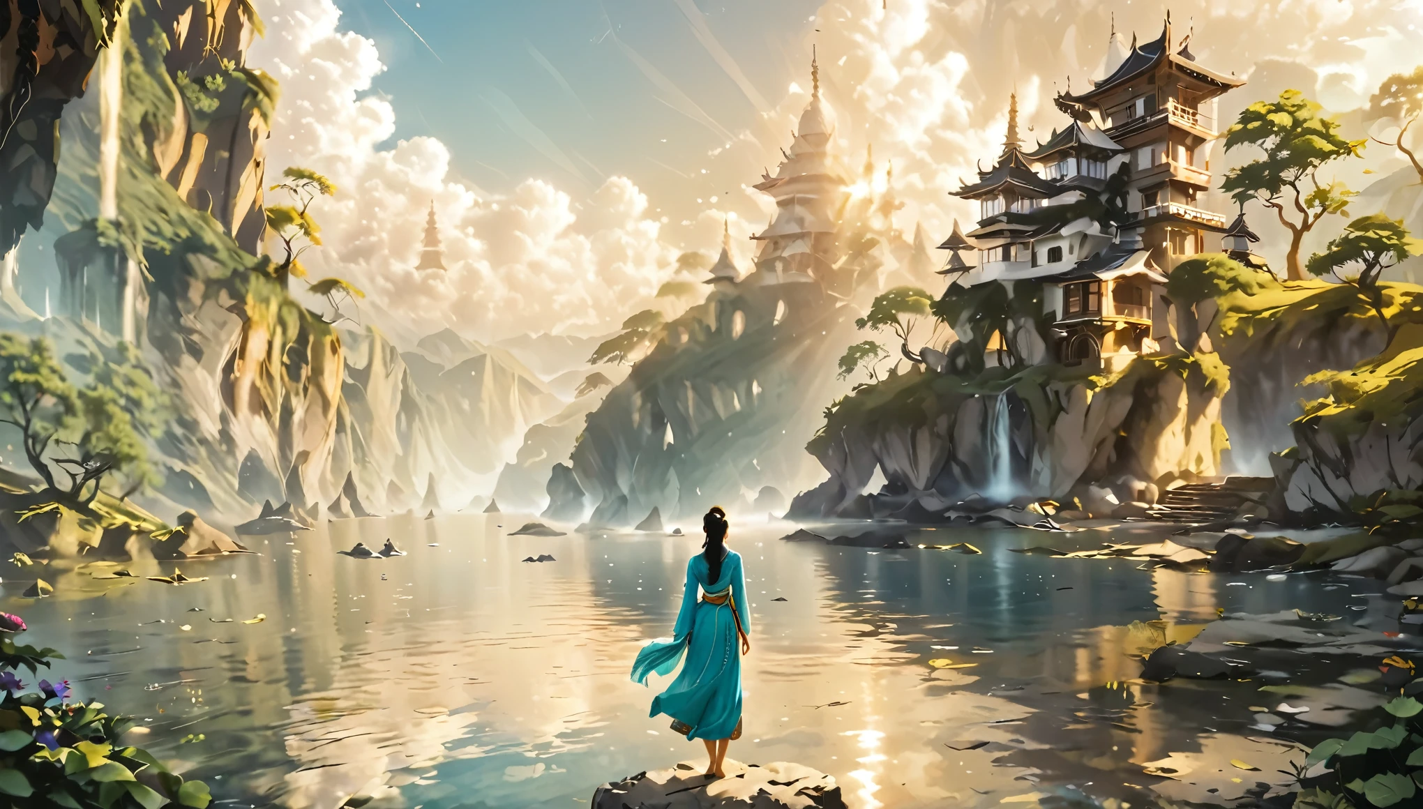 Namaste. Person meditating. Loose Clothes. dreamlike and fantasy world. Feeling of Fullness. details Intricate. cinematic lighting.