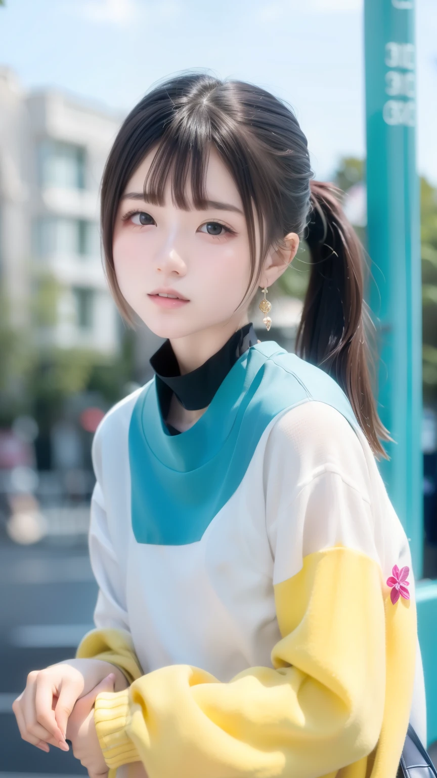 masterpiece , Highest quality,Nahida(Genshin Impact), 1 girl , White shirt:1.5 ,Side Ponytail ,Gray Hair ,Colorful Hair, Green Eyes,Casual clothing , have , Black choker, bag , Green Hair,Busy roads , City life 