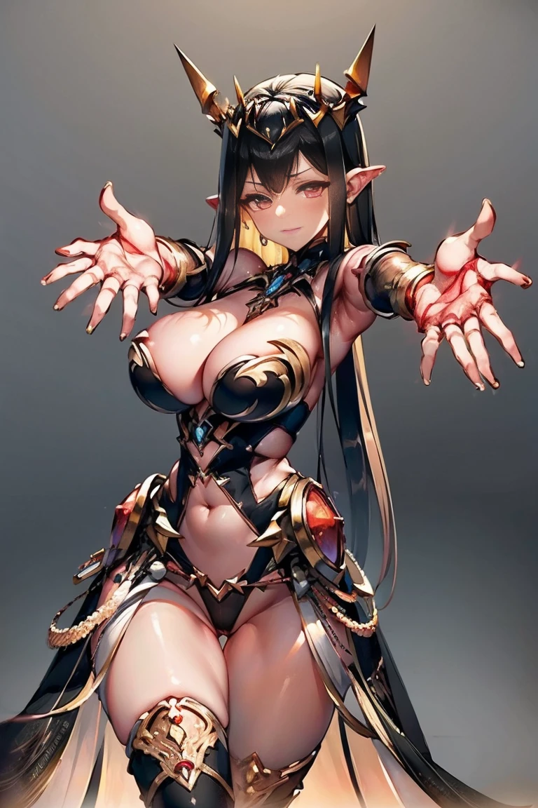 ((((((outstretched hands, out stretched fingers, outstretched arms)))))) black hair, bare shoulder, red eyes, very long hair, cleavage, large breasts, dress, showgirl skirt, high-leg, cleavage cutout, tiara, bare thighs, gauntlets, bare shoulder, spread fingers, bare fingers, bare hands, good hands, best hands, Correctly aligned fingers, extremely detailed hands and fingers, ultra detailed hands and fingers, super detailed hands and fingers, perfect hands and fingers, biologically accurate hands and fingers, (((4 fingers and 1 thumb accurate hands and fingers))), beautiful hands and fingers, hands and fingers drawing, human hand and fingers, perfect arrangement of fingers, detail focus hands, detail focus fingers, perfection hands, better hands, adult face, fearless face, (((both arms, two arms, both hands, two hands))), super fine illustration, masterpiece, masterwork, by famous artist, official art, ultra high res, best quality, high quality, Hand, detailed, perfect, perfection , hands, both hands is Thumb and index finger and middle finger and ring finger and little finger, even hands, panties, thighhighs, symmetrical bangs, gleaming skin, oil skin, shiny skin, wet skin, sweat, rouge, exquisite, beautiful, extremely detailed cg unity 8k wall paper, perfect face, ultra detailed beautiful face, perfect nose, perfect mouth, clear eyes, light eyes, perfect eyes, symmetrical eyes, even eyes, 16k portrait, absurdres, perfect body, perfect anatomy, perfect proportion, perfect arms, perfect torso, symmetrical hands, symmetrical arms, open arms for viewer, extremely detailed cg, beautiful artwork, production art, ultra quality, high quality, finely detailed, insanely detailed, absolutely resolution, raw photo, fantastic, amazing, beautiful portrait of cute anime girls, hdr, very aesthetic, cinematic, super detailed skin, top quality, intricate, professional quality, highly detailed, crisp quality, sharp focus, rich contrast, extremely high resolution, realistic hands,