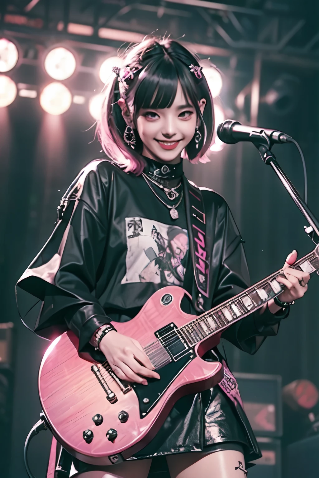 high resolution, masterpiece, 4K, Dark Bob Hair, A large number of piercings, Pink punk long shirt, Leather skirt, Smile, Playing a Gibson guitar, on stage, background
