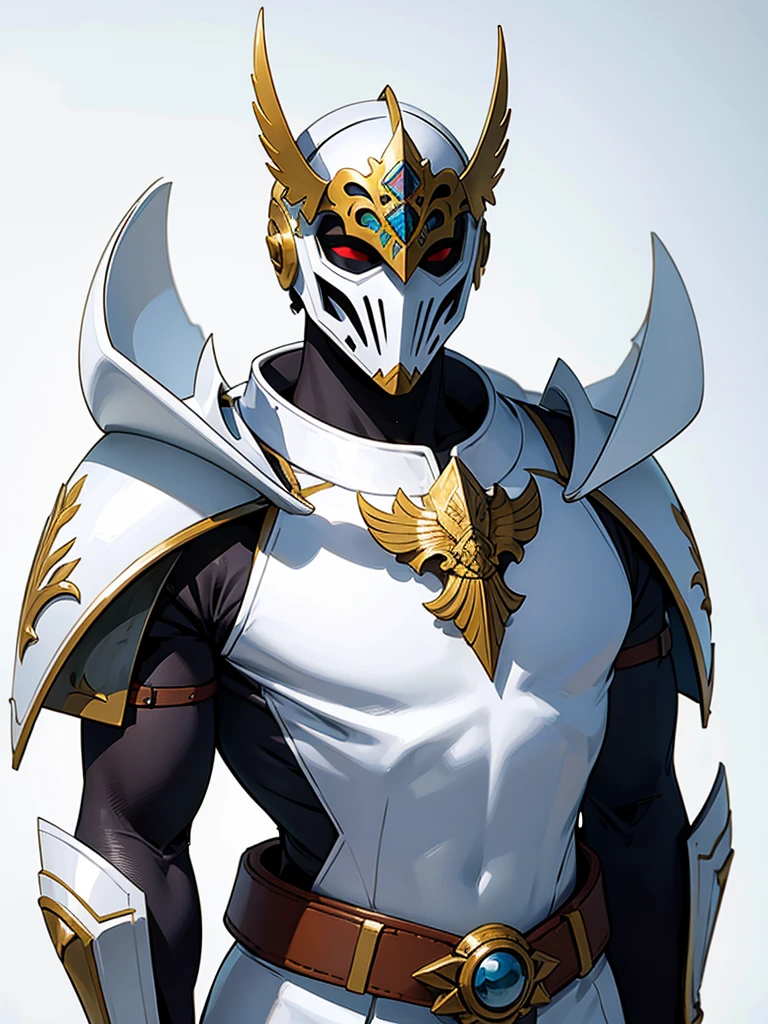 Mexico man. White background. White full mask. Colorful armor