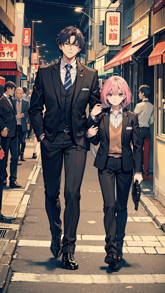 Manga style:A middle-aged entrepreneur,Walking in the street;The bodyguard next to the entrepreneur stretched out his left hand to stop the entrepreneur.,Look straight ahead,Cautious look;There was a killer in front of them with a gun pointed at them.