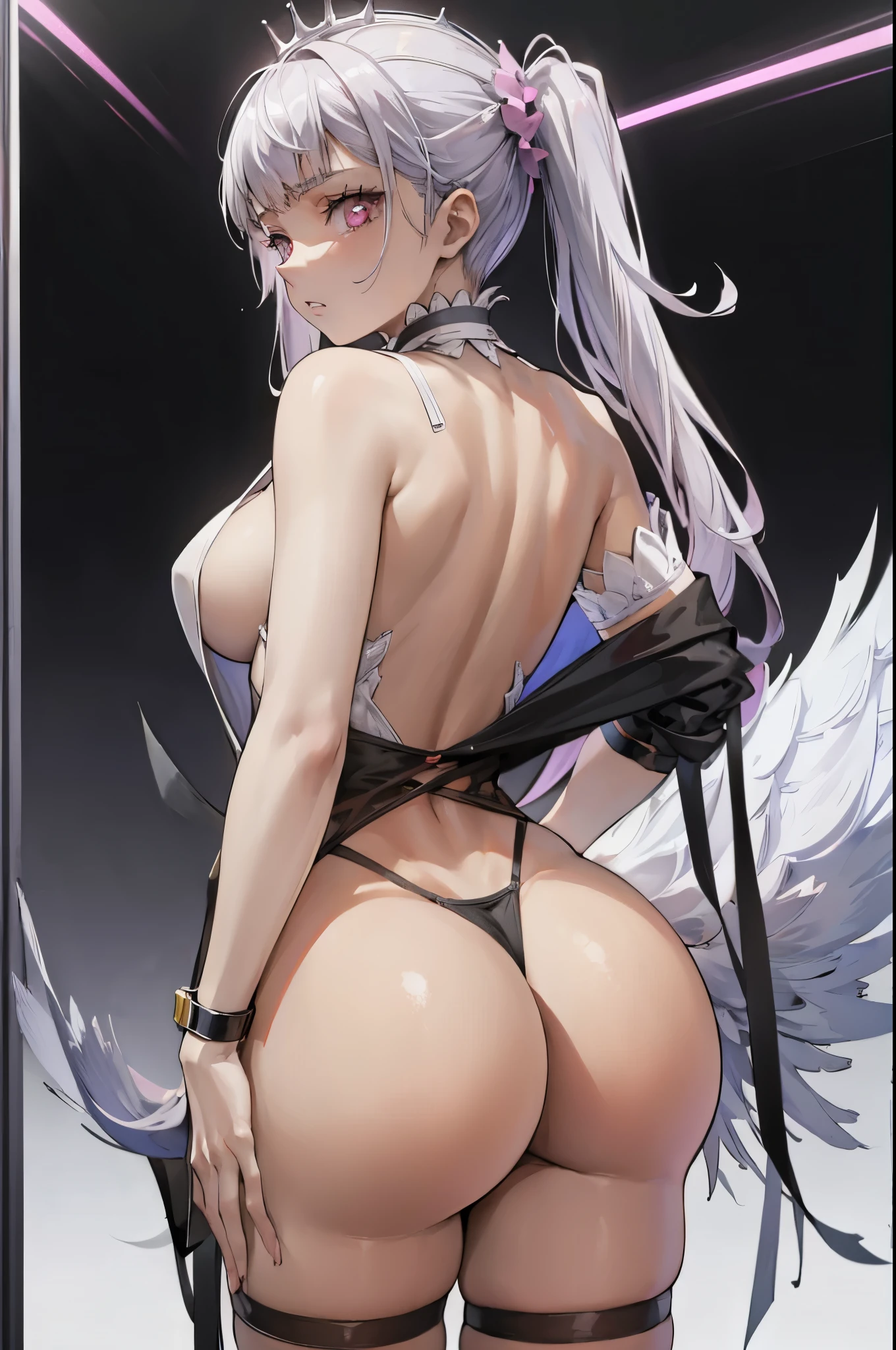 sexy girl, no clothes, girl from the back, black panties, big ass, white background,  white hair, white pigtail hair, pink eyes