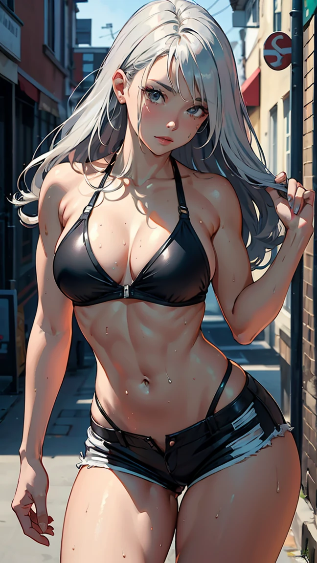 (masterpiece), best quality, perfect face, silver hair, long hair, short leather shorts, sweat, dirty bikini, , buttom, front view, thick legs, fitness, street, wide hips, breast,