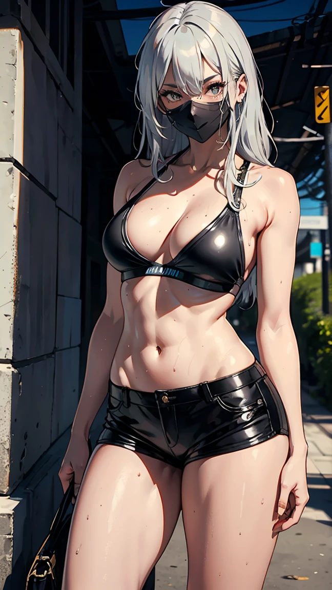 girl sporty,((attractive girl)),
(large breasts:1.4),saggy breasts,(((white hair:1.4,white ponytail hairstyle:1.5,very long hair:1.5))),((heterochromia:1.5, (orange_eye and pink_eye))),intricate eyes,beautiful detailed eyes,symmetrical eyes,((fat))(((lustrous skin:1.5,bright skin: 1.5,skin tanned,shiny skin,very shiny skin,shiny body,plastic glitter skin,exaggerated shiny skin,illuminated skin, wet legs))),(spider lower abdomen,narrow waist,wide hip,athletic body,inflated legs,detailed body,(detailed face)),
cute,slutty,seductive,erotic,(((nsfw))),
revealing clothing,show skin,with micro clothes,almost totally naked,with little clothing,(tiny thong),generous neckline,((tight sports bra, tight sports thong,orange and black clothes)),(((underboob))),((wet clothes,intricate outfit,intricate clothes)),
(dynamic pose:1.0),embarrassed,(centered,scale to fit dimensions,Rule of thirds),
cyberpunk city by the ocean at night, with bright neon signs and dark stormy clouds and puddles, scenery:1.25,
artistic photography,(photography taken by sldr),highres, sharp focus, (ultra detailed, extremely detailed), (photorealistic artwork:1.37),(extremely detailed CG unity 8k wallpaper),((synthwave background theme)),(((vibrant colors))),(intricate background),(masterpiece),(best quality),