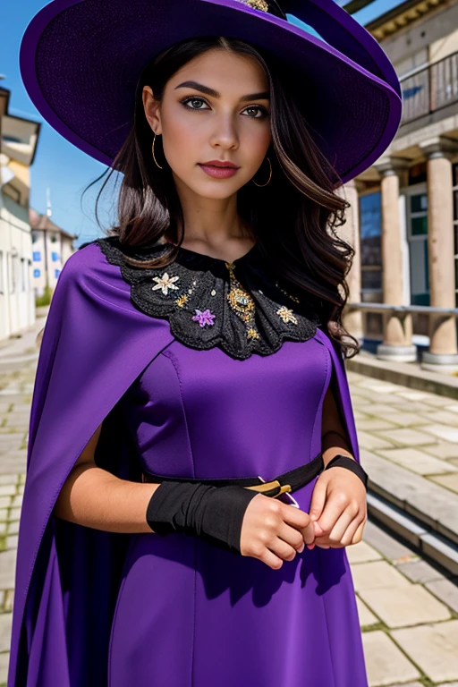 a beautiful girl, perfect face, arms at the sides, masterpiece, ultra high resolution, high quality, 4k, Upper part of the body:1.5, Lisa (genshin impact), urple witch hat, green eyes, Brown hair, (pureerosface_v1:0.008), (European:1.6), hits, dress, rosa, jewelry, witch, Capelet, purple hats, black gloves, flor Purpura, hair between the eyes, purple rosa, Chapped lips, purple cape, hat flower, multicolored dress, hair ornament, Windmill, on one side,