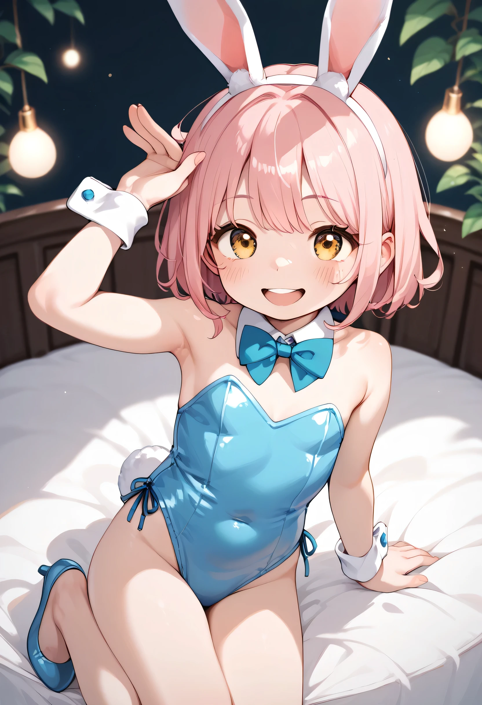 rabbit girl, light pink hair, short hair, happy smile, yellow-eyes, blush, little_girl,cute_, rabbit costume , cheerful,