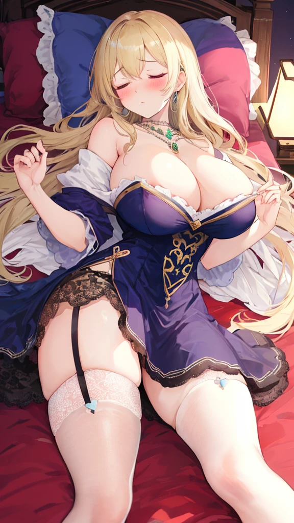 (A woman with big tits)，Attractive woman，Light blond long hair，clavicle，Gemstone Necklace，Off-shoulder，(透明Lace:Rococo|1.2)，short dress，Lace，Garter stockings，Heart，Intricate details，Beautifully，Lying in bed，(blush)，Sleepy，Sleepy and hazy，