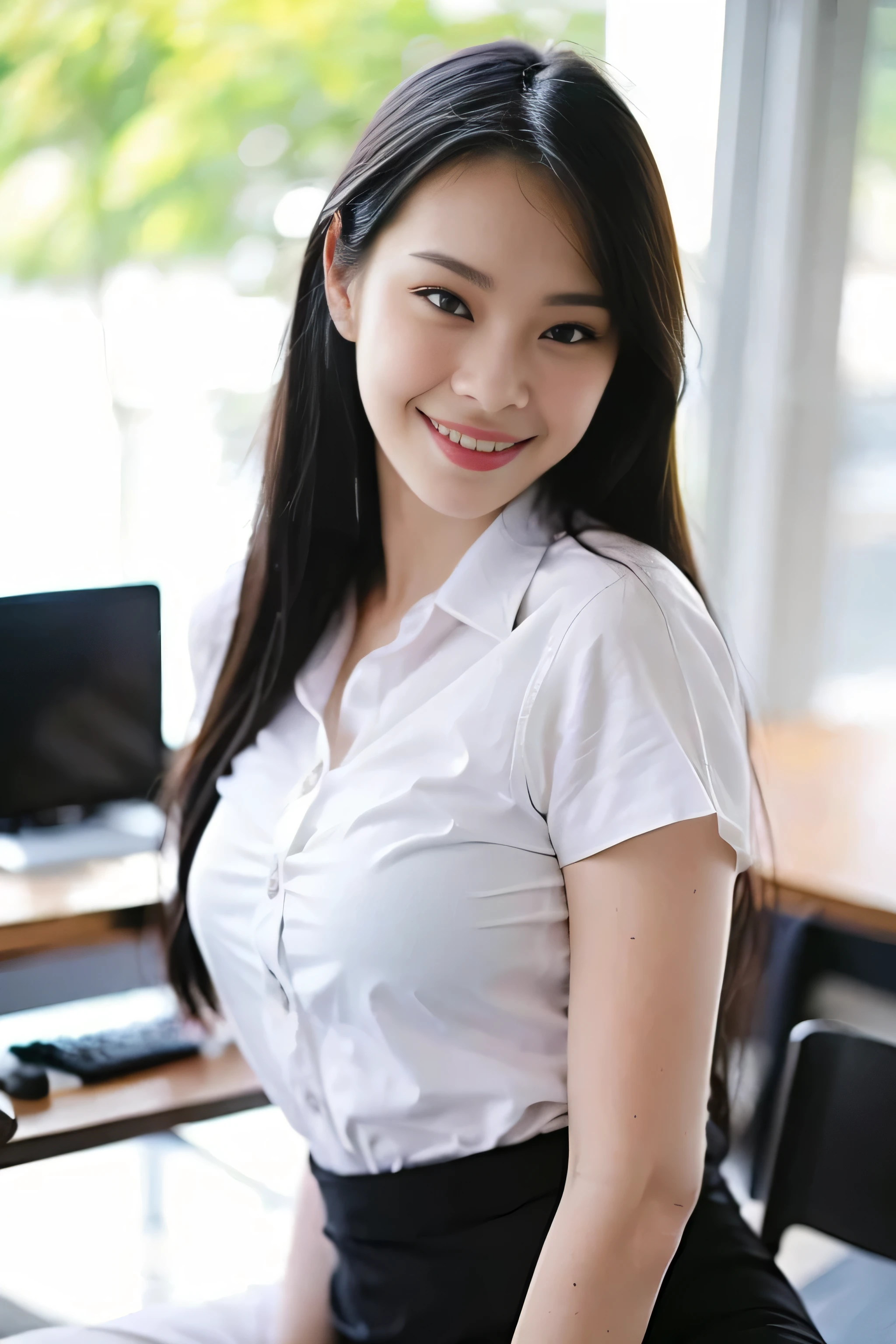 Close up,1 girl{{A beautiful woman wearing a white short-sleeved shirt and a short black A-line skirt}} , striking a sexy pose.  with several lecture tables set up behind it  There is a sliding glass window.  There was evening light streaming into the room.