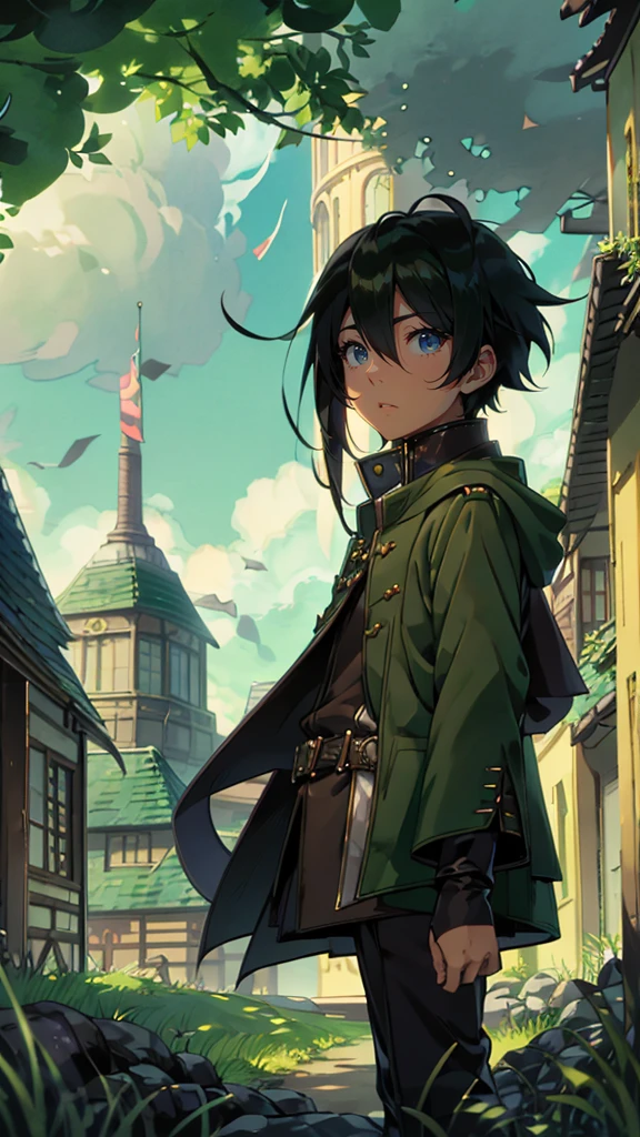 yuichiro hyakuya, (WithoutFear:1), 1 boy, black hair, green eyes, brown coat, gray armor, green shield, green cloak, dark brown gloves, town, white fur trim, tall, anime, standing, good quality, portrait, looking at viewer