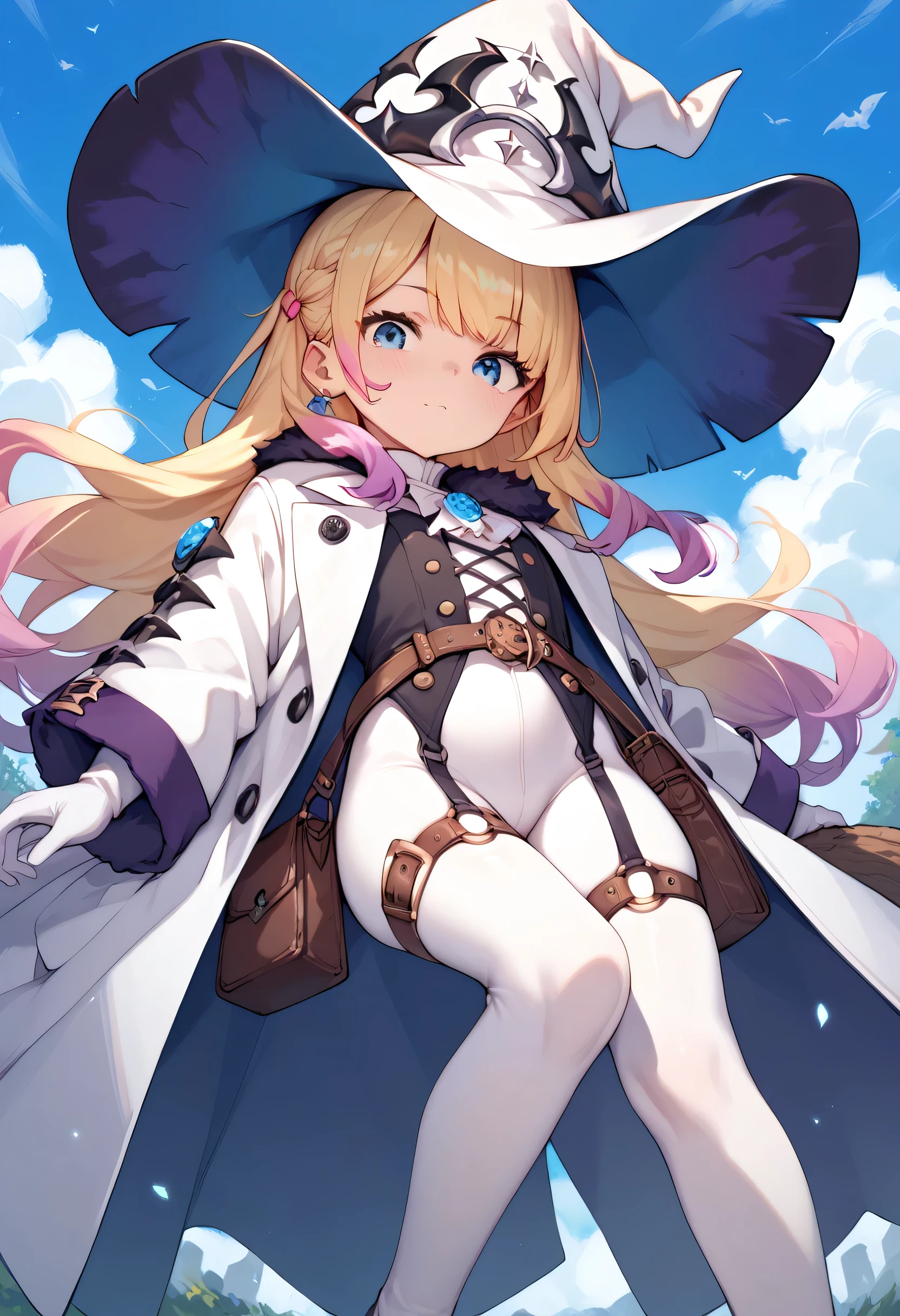 _girl, ,mahomaho, diabellze, blue eyes, blonde hair, purple hair, multicolored hair, witch hat, white coat, white bodysuit, multiple belts, legs, dynamic angle