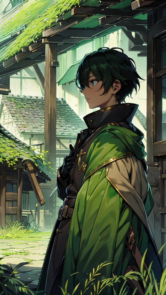 yuichiro hyakuya, (WithoutFear:1), 1 boy, black hair, green eyes, brown coat, gray armor, green shield, green cloak, dark brown gloves, town, white fur trim, tall, anime, standing, good quality, portrait, looking at viewer