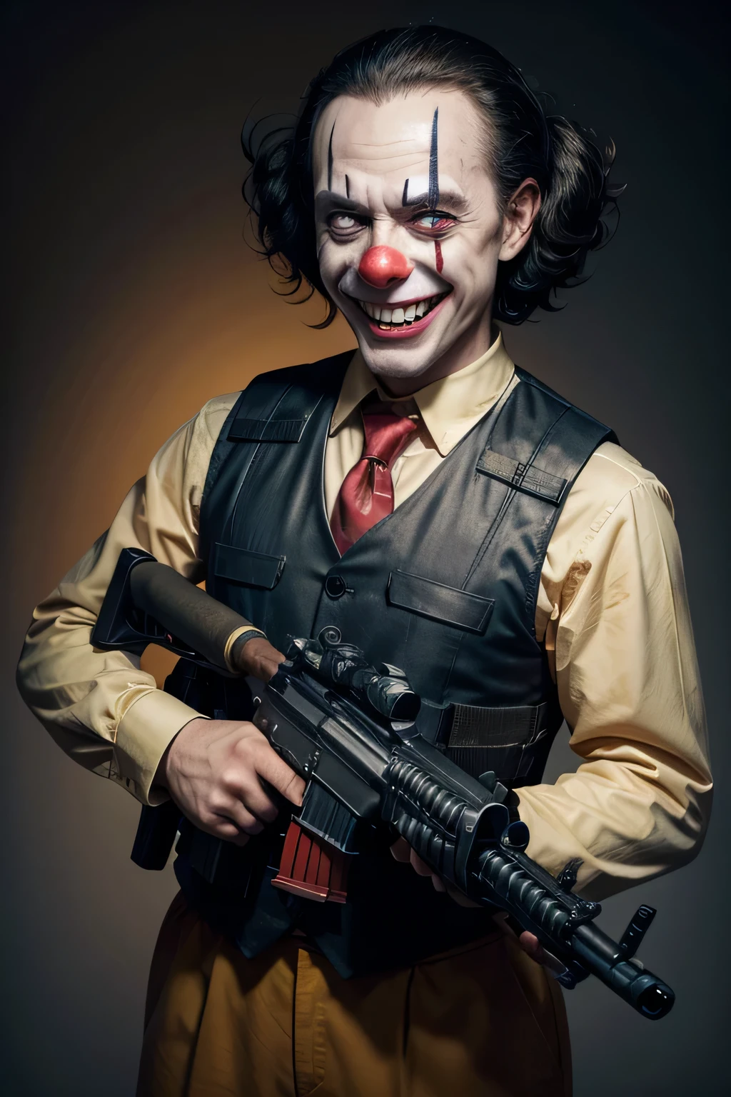 "Create an image depicting a sinister clown brandishing a rifle, grinning malevolently, and clad in a bulletproof vest."