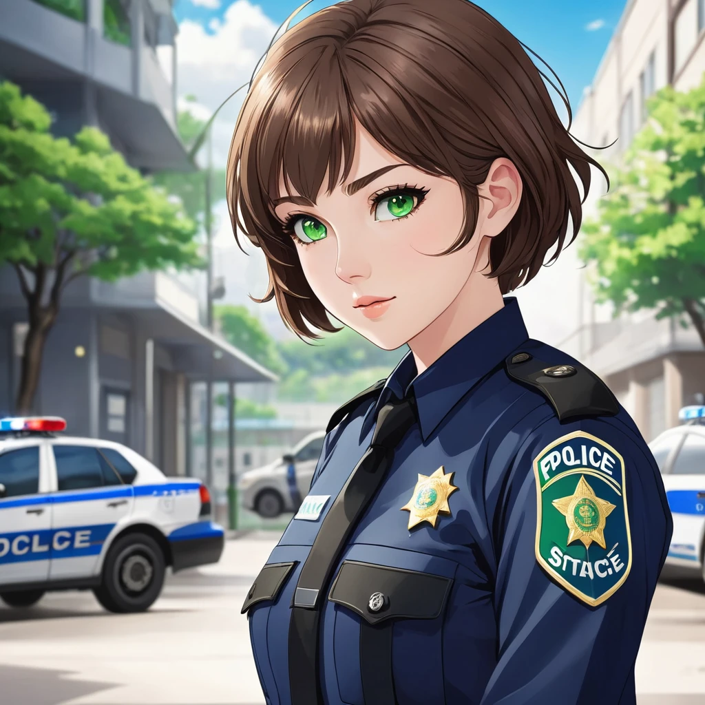 young woman, brown short hair, green eyes, police uniform, police station, detailed background, high-definition, professional atmosphere, law enforcement, anime style