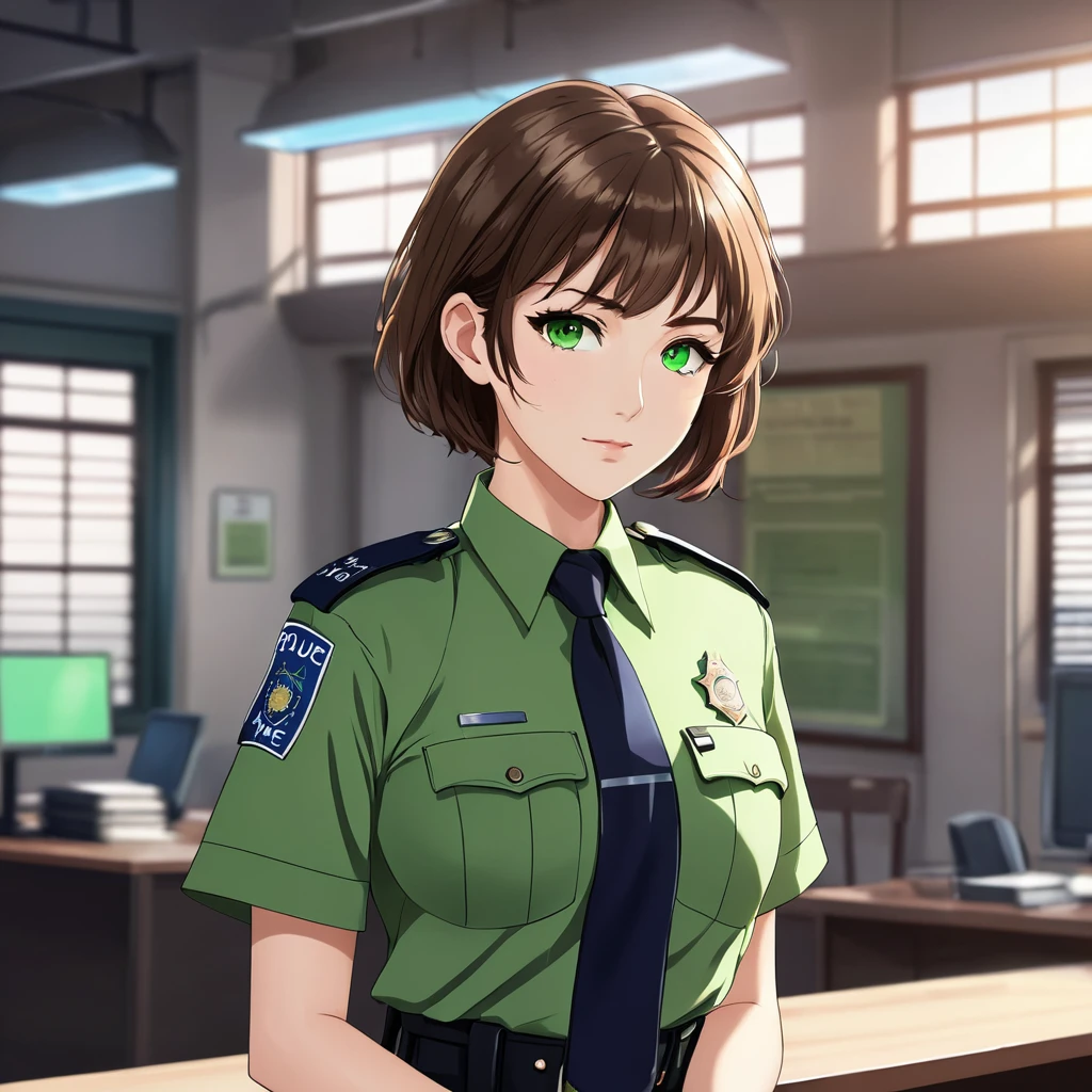 young woman, brown short hair, green eyes, police uniform, police station, detailed background, high-definition, professional atmosphere, law enforcement, anime style