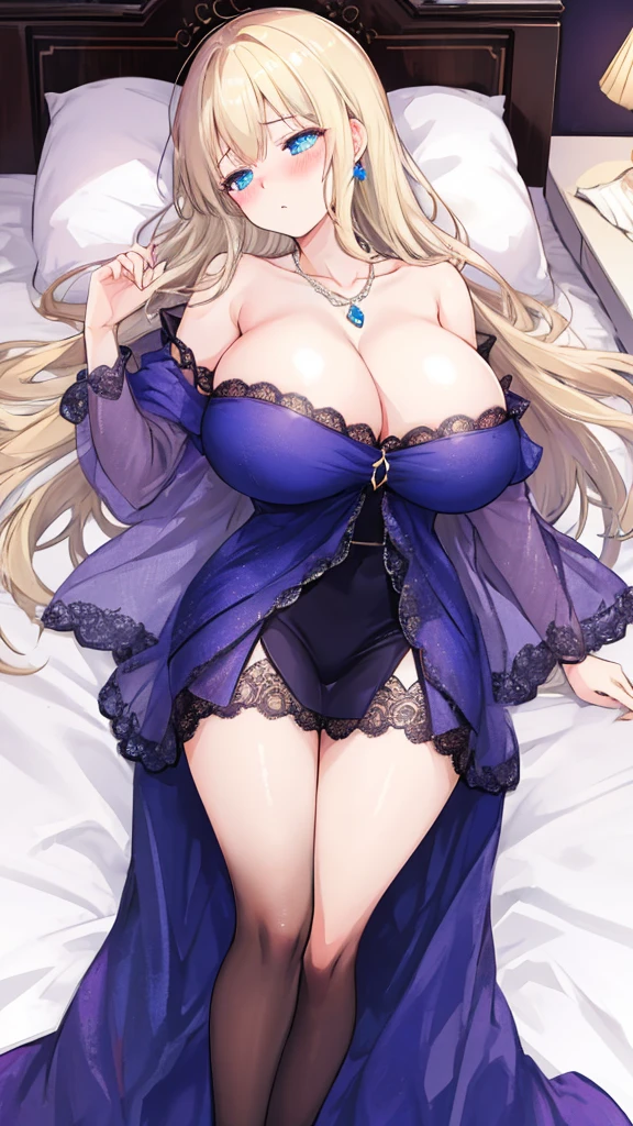 (A woman with big tits)，Princess Violet，Attractive woman，Light blond long hair，Blue Eyes，clavicle，Gemstone Necklace，Off-shoulder，short dress，Lace，Intricate details，Beautifully，Charm，Lying in bed，(blush)，Sleepy，