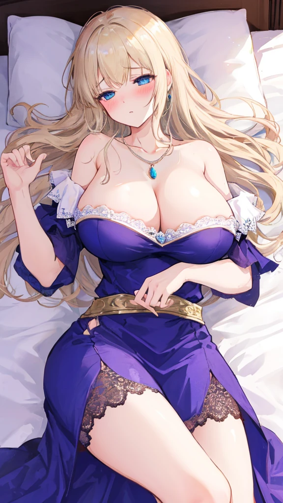 (A woman with big tits)，Princess Violet，Attractive woman，Light blond long hair，Blue Eyes，clavicle，Gemstone Necklace，Off-shoulder，short dress，Lace，Intricate details，Beautifully，Charm，Lying in bed，(blush)，Sleepy，