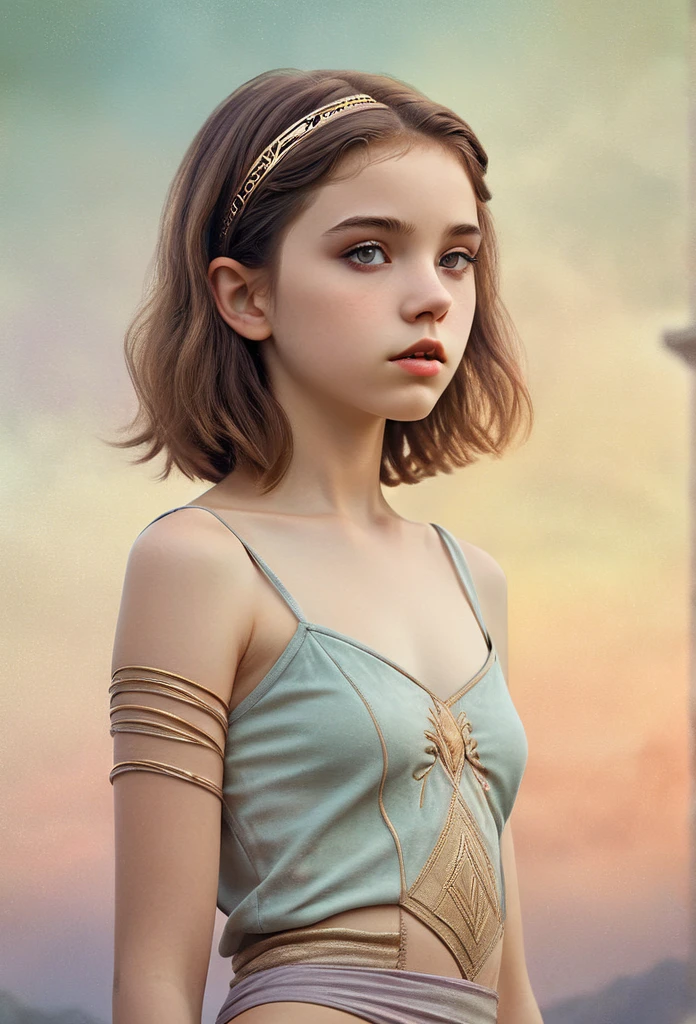 (Cinematic photo:1.3) From (Thigh-length photos:1.3),(slim:1.2) ((goden microbikoni 
NAVEL)) Beautiful 12 year old girl, (complex brown hair), Highly detailed texture кожи, realistic texture кожи, looks straight into the camera, (looks at the viewer) ), pout, , Shine, Dramatic, Dreamy, pastelный цветочный сад, elegant, strange, gentle, Highly detailed, difficult, UHD Digital Photography, Fantasy theme, narrow shoulders, Photo to the knees , beautiful young girl, small breasts, Beautiful body, highly detailed full-length shot, Dreamy, pastel, watercolor, strange, gentle, detailed hair band, Highly detailed texture, realistic texture, digital painting, highly detailed photo, (art deco: 1 .хFromоралFromм:1.3),(Classic realotm:1.3),(Fujifilm Superia:1.3),, golden hour light,