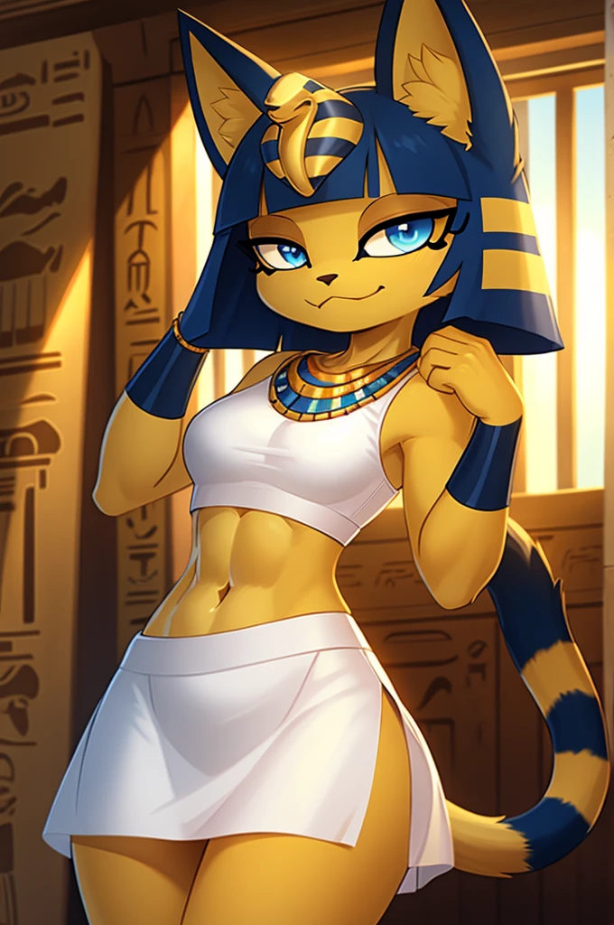 ((masterpiece)), ((best quality)), ((perfect face)), trending on artstation, furry, furry style , anthro style, digital artwork of a sexy ankha with rock hard abs, a bare midriff and a bare navel wearing a crop top of her sleeveless white dress with long white dress skirt, blue Egyptian handbands, yellow and blue fur, cat, tail, female, Egyptian setting, smug face, Egyptian necklace, Blue eyes 