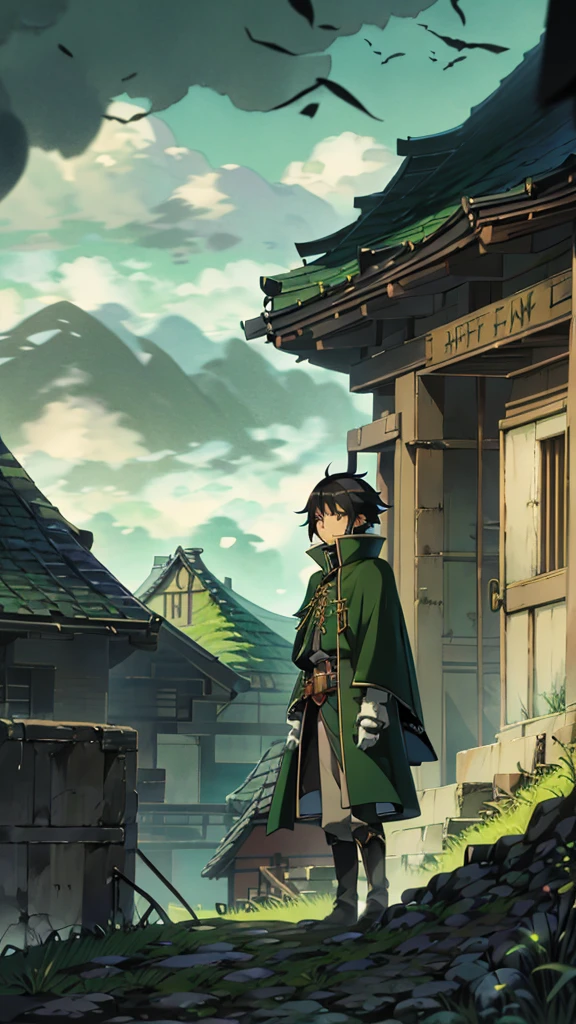 yuichiro hyakuya, (WithoutFear:1), 1 boy, black hair, green eyes, brown coat, gray armor, green shield, green cloak, dark brown gloves, town, white fur trim, tall, anime, standing, good quality, portrait, looking at viewer