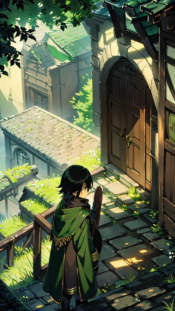 yuichiro hyakuya, (WithoutFear:1), 1 boy, black hair, green eyes, brown coat, gray armor, green shield, green cloak, dark brown gloves, town, white fur trim, tall, anime, standing, good quality, portrait, looking at viewer