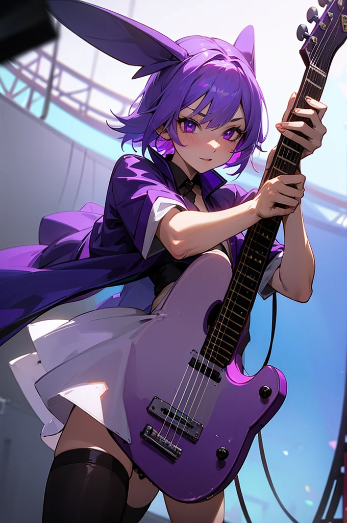 Bonnie wears a costume that makes her look like a purple rabbit., on stage he carries a guitar. He has reddish eyes and purple ears..
half of his face is missing, revealing the face with red eyes, he is missing his left arm, a piece of suit in the hand and on the left foot.