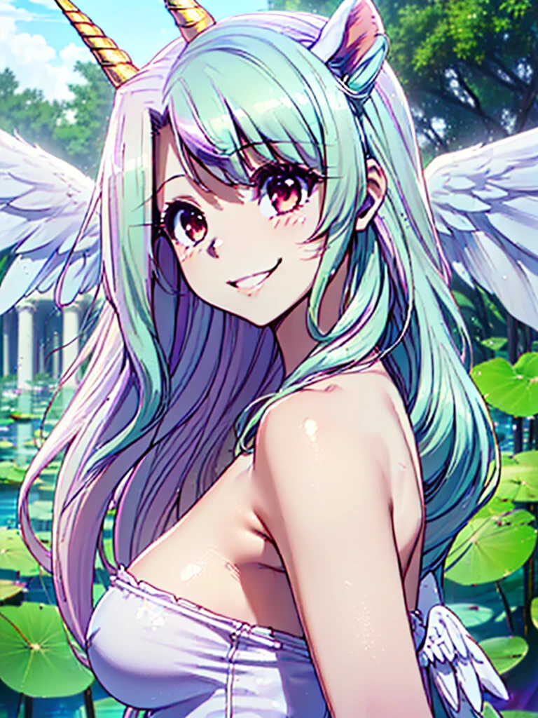 great quality ++ Extremely detailed high resolutionolution, very aesthetic, expressive eyes, (((perfect face))), (((face symmetrical))), ((good anatomy)), (((perfect hands))), (((8k))), UHD, HD wallpaper, (((detailed high cal, (((((1girl)))))), only, masterpiece, The best quality, high resolution, Highly detailed, (illustration), beautiful detailed eyes, (((combatant))), (((1girl))), ((((Whole body)))), (((((((Illyasviel von Einzbern)))))), (((((princess_Celestia)))), ((((human form)))), (((((smile))))), ((princesa Celestia humanizada)), Celestia, Celestia de My Little Poni, Celestia en forma de milf, long wavy hair, (((red eyes))), (((strapless tube dress))), (((purple heart promise))), (((white dress))), (((milfication))), (((mature female))), (((gigantic breasts))), (((white pony ears))), (((Detailed fingers))), (((white wings on the back))), (((Unicorn horn))), Precise fingers, Not unnatural hands, strange eye, Greek columns, exterior, beautiful majestic forest, vine leaves surrounding the columns, flower bushes everywhere, clear sky, bright sunny day, water lilies, bosque Celestial,
