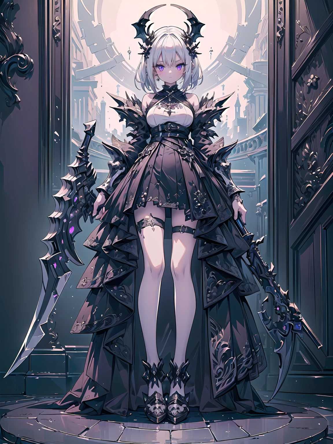 (((masterpiece, best quality, high detailed, 16k))) (1girl) A breathtakingly beautiful young girl with short stylish white hair and piercing eyes. She wears a demonic armor in purple black and white. wields a large stylized scythe. ((full body front view)), (extremely detailed:1.5)