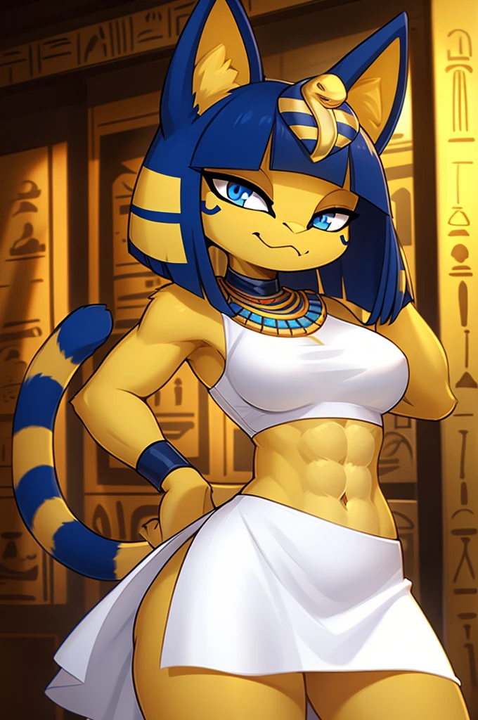 ((masterpiece)), ((best quality)), ((perfect face)), trending on artstation, furry, furry style , anthro style, digital artwork of a sexy ankha with rock hard abs, a bare midriff and a bare navel wearing a crop top of her sleeveless white dress with long white dress skirt, blue Egyptian handbands, yellow and blue fur, cat, tail, female, Egyptian setting, smug face, Egyptian necklace, Blue eyes 