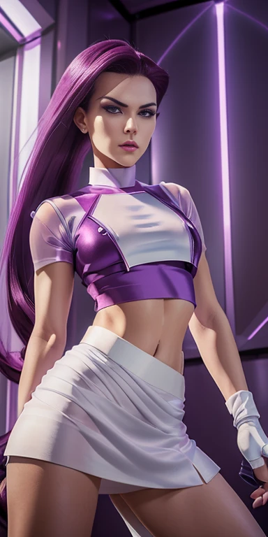 Jessie pokemon, ((seductive expression)), slicked back hair, Long hair, purple hair, blue eyes, Team Rocket, ((7000% transparent silk Team Rocket Uniform)), ((((10% white miniskirt, 5% Crop Top)))), thighs high,elbow gloves, NSFW, ((60% nude))