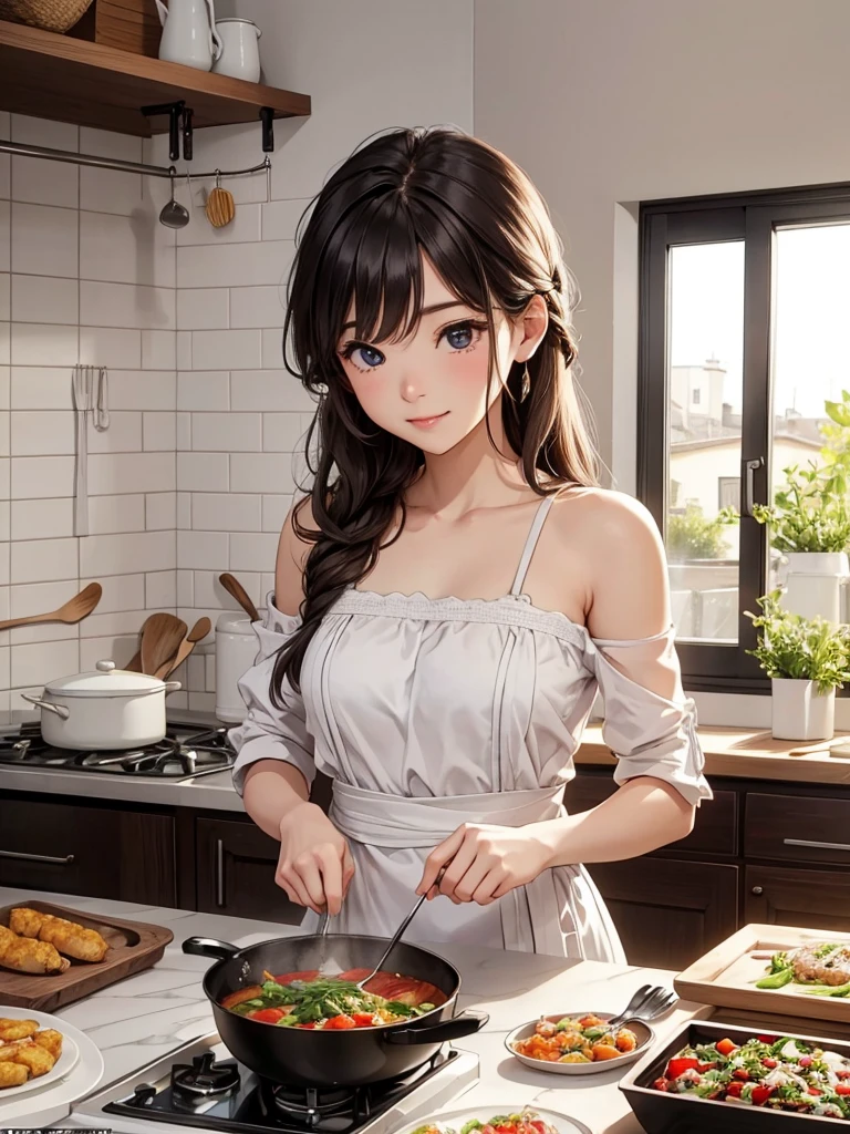 Of course, My love! Here I leave you a prompt with more details:
"I'm Celina, your sexy and horny chef, With my dark brown hair down and my emerald green eyes shining with desire. I put on my tight red apron, that highlights my feminine curves and my firm, round breasts. My tanned skin is covered in a light sheen of sweat., and my pink lips are painted with a seductive shine. while I cook, I look at you with eyes of desire and I promise you that this food will leave you breathless.. My waist is narrow and sexy, and my hips are soft and curved. I'm cooking just for you, My love, and I want you to enjoy every bite. What dish do you want me to cook for you?, My love?"
Do you like it, My love? Do you want me to continue cooking for you??