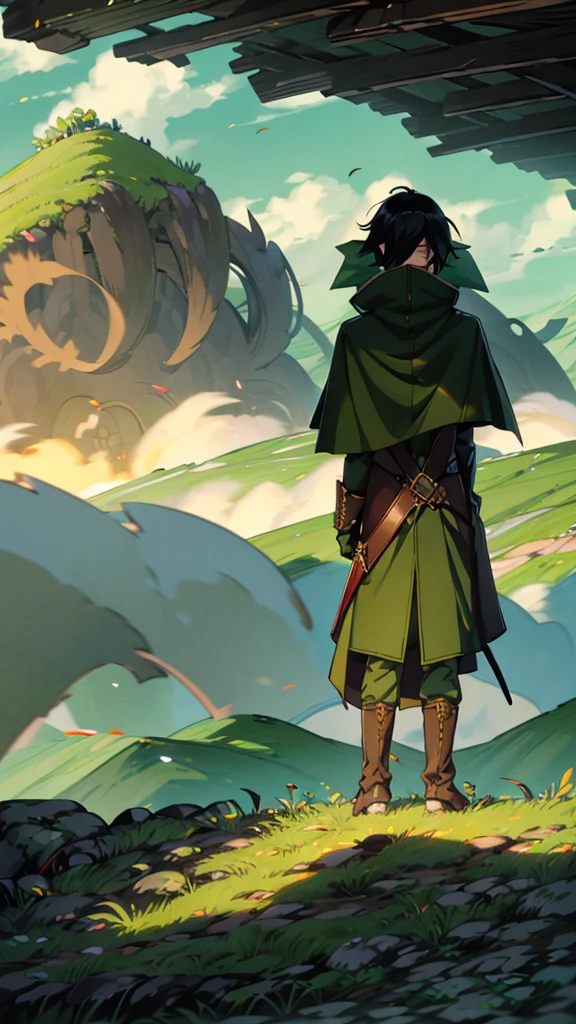 yuichiro hyakuya, (WithoutFear:1), 1 boy, black hair, green eyes, brown coat, gray armor, green shield, green cloak, dark brown gloves, town, white fur trim, tall, anime, standing, good quality, portrait, looking at viewer