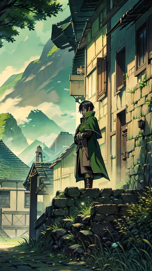 yuichiro hyakuya, (WithoutFear:1), 1 boy, black hair, green eyes, brown coat, gray armor, green shield, green cloak, dark brown gloves, town, white fur trim, tall, anime, standing, good quality, portrait, looking at viewer