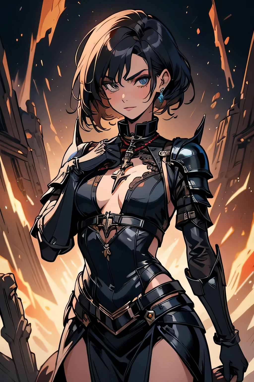 (highest quality), ((masterpiece)), (detailed), 1 female character with a serious and resolute appearance, semi-short dark hair reaching the neck, aquamarine eyes, slightly thin body, wearing ornate armor with red accents and leather gloves.