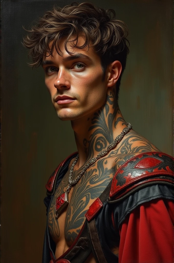 {{Masterpiece, best quality, oil painting, by Franz von Stuck, by James Tissot, male focus, muted colors}}, the composition is: (((((very dramatic half body portrait of a handsome 25 year old ancient Roman soldier, brown skin, tan, confident, magnificent, tattooed, smiling, brown hair. His face is tattooed, he has snake-like eyes))))). ((((He is wearing a silken, black and red ancient ronin armor with praetorian inspired elements made of alligator leather, he is wearing a red diamond shape pendant)))).