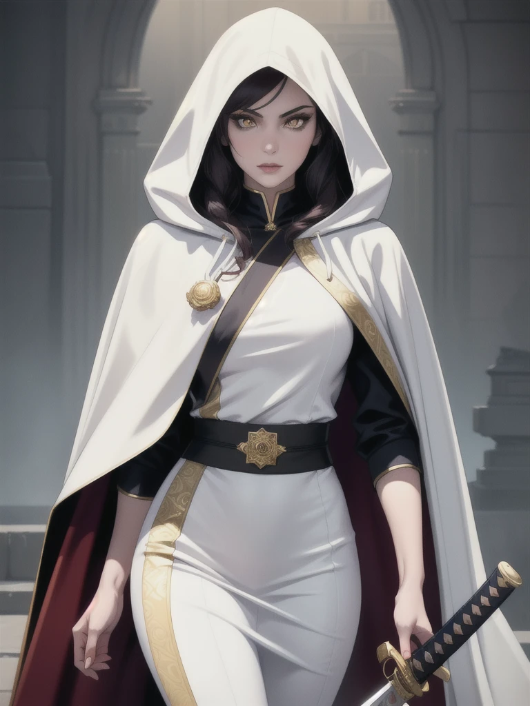 portrait, masterpiece, excellent quality, 1 girl, Alone, Complex details, color diffusion, Prince, White skin, women, by white, by white, Found, gold eyes, epic outfit, assassin suit, Covered, Cloak, hooded, katana, Awesome, trends, Prince Demonio, anti-hero, young, Science fiction, fancy