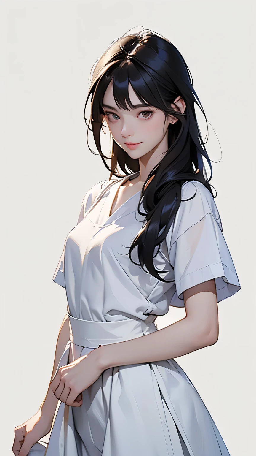 (1 person、Beautiful woman、)、(whole bodyを見せる)、(whole body、natural standing posture、)、 (Detailed depiction of a beautiful face)、Smiling Kindly、Black Hair、French Bob、(Small breasts)、Slim figure、( white short sleeve sailor uniform、White long skirt)、Sugar Loafer、(Simple Background)、(Plain background)、(Blank Background)、Blur the background、Sargent-style watercolor painting、(Highest quality、masterpiece、High resolution)、4K Anime Art、(Character Concept Art)、