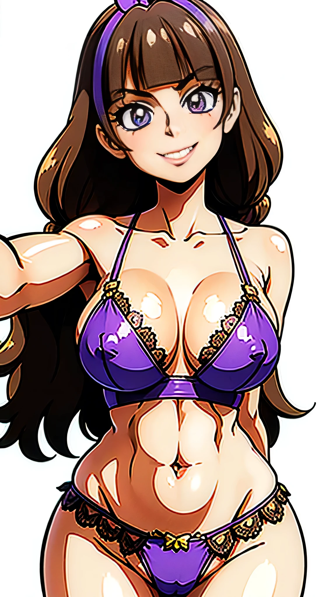 1 girl, (solo), ((amanogawaki)), best quality, highres, high quality, 8k, HD, super detail, anatomically correct, UHD, accurate, (masterpiece:1.2), (high quality:1.0), (ultra detailed), (Adult:1.2), (white background), (no background), (Smug Grin), (Purple Eyes), selfie, mirror, edgHL_lingerie, wearing edgHL, Lace pattern