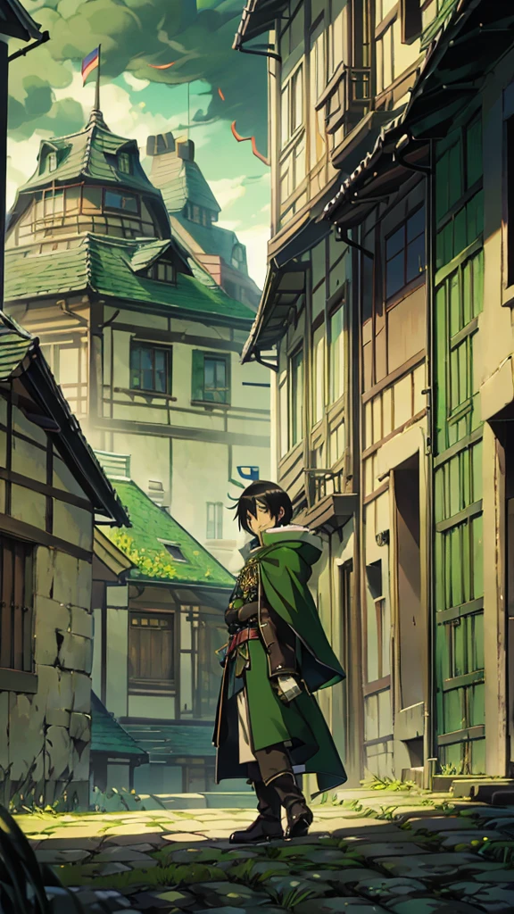 yuichiro hyakuya, (WithoutFear:1), 1 boy, black hair, green eyes, brown coat, gray armor, green shield, green cloak, dark brown gloves, town, white fur trim, tall, anime, standing, good quality, portrait, looking at viewer