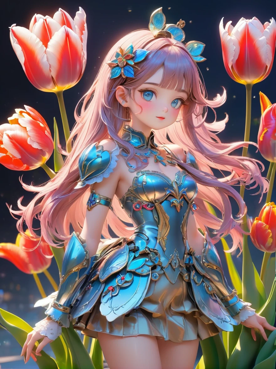 (3D，Mechanical feel，cute，ais-scrapyrd 1girl，tulip)，(使用广角镜头拍摄whole body图像:1.9)，(masterpiece:1.1)，(Highest quality:1.1)，(HDR:1.0)，Ambient Light，Ultra high quality，(Ultra-detailed original illustrations)，(1 Girl，whole body)，(彩虹tulip花裙)，(Slender thighs)，(由tulip花朵制成的鞋子: 1.5)，((Harajuku Fashion))，((Flowers with human eyes，Eye disease))，Double Exposure，Fusion of Fluid Abstract Art，Fault，(Original illustration composition)，(Limited color blending，Extreme art style，Geometric artstyle), , Colorful neon lights，High-tech mechanical parts，Metal body，(详细的振金tulip花朵设计:1.9)，Vibrant colors，动态发光tulip花朵，Reflective metal surface，Bright environment，Dynamic poses，Exquisite existence，Skills Improvement，Interlocking mechanical gears，Stylish design，motion blur effect，Detailed metal treatment，Sci-fi atmosphere，Streamlined aerodynamic shape，Laser scanning pattern，Holographic projection，LED light track，Beautiful and unforgettable，Advanced sensors，Complex algorithms，Ominous and mysterious atmosphere，Electric Spark，Shiny chrome，Propulsion systems of the future，(Best quality，8k，high resolution，masterpiece:1.2)，Super detailed，(whole body:1.8), magazine photography，一个cute的女孩形象，Popular on social platforms，((Dopamineism))，(((Dopamine color matching)))，Dopamine，(in the style of Y2K)，Luo Erchun，3D古风，Oriental poetry and painting