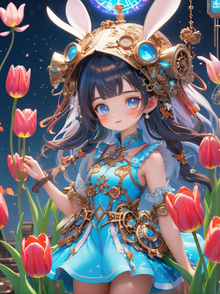 (3D，Mechanical feel，cute，ais-scrapyrd 1girl，tulip)，(使用广角镜头拍摄whole body图像:1.9)，(masterpiece:1.1)，(Highest quality:1.1)，(HDR:1.0)，Ambient Light，Ultra high quality，(Ultra-detailed original illustrations)，(1 Girl，whole body)，(彩虹tulip花裙)，(Slender thighs)，(由tulip花朵制成的鞋子: 1.5)，((Harajuku Fashion))，((Flowers with human eyes，Eye disease))，Double Exposure，Fusion of Fluid Abstract Art，Fault，(Original illustration composition)，(Limited color blending，Extreme art style，Geometric artstyle), , Colorful neon lights，High-tech mechanical parts，Metal body，(详细的振金tulip花朵设计:1.9)，Vibrant colors，动态发光tulip花朵，Reflective metal surface，Bright environment，Dynamic poses，Exquisite existence，Skills Improvement，Interlocking mechanical gears，Stylish design，motion blur effect，Detailed metal treatment，Sci-fi atmosphere，Streamlined aerodynamic shape，Laser scanning pattern，Holographic projection，LED light track，Beautiful and unforgettable，Advanced sensors，Complex algorithms，Ominous and mysterious atmosphere，Electric Spark，Shiny chrome，Propulsion systems of the future，(Best quality，8k，high resolution，masterpiece:1.2)，Super detailed，(whole body:1.8), magazine photography，一个cute的女孩形象，Popular on social platforms，((Dopamineism))，(((Dopamine color matching)))，Dopamine，(in the style of Y2K)，Luo Erchun，3D古风，Oriental poetry and painting