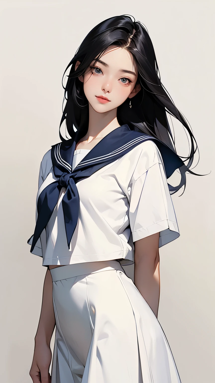 (1 person、Beautiful woman、17 years old)、(whole bodyを見せる)、(whole body、natural standing posture、)、 (Detailed depiction of a beautiful face)、Smiling Kindly、Black Hair、French Bob、(Small breasts)、Slim figure、( white short sleeve sailor uniform:1.2)、(White long skirt)、Sugar Loafer、(Simple Background)、(Plain background)、(Blank Background)、Blur the background、Sargent-style watercolor painting、(Highest quality、masterpiece、High resolution)、4K Anime Art、(Character Concept Art)、
