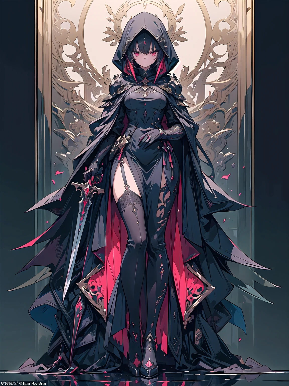 (((masterpiece, best quality, high detailed, 16k))) (1girl) A and slender assassin with a mysterious aura, concealed under a dark hood. Her sharp, almond-shaped eyes peer out from under the hood, glinting with cunning and precision. She wears sleek high-tech black armor, designed for stealth and agility, adorned with subtle, intricate patterns. In her hand, she wields a finely detailed dagger, the blade gleaming with a sinister edge, and a striking red gemstone embedded in the hilt. Her cloak billows slightly, adding to her enigmatic presence. ((full body view))
